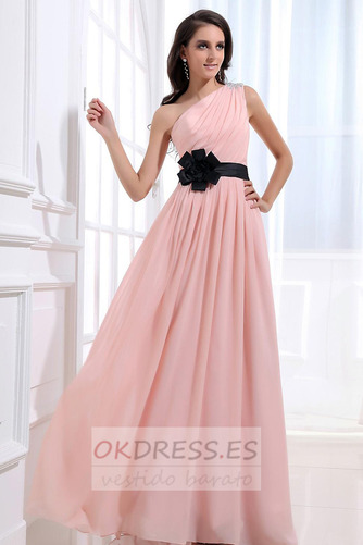 Vestido de dama de honor Corte-A Rosetón Acentuado Rosa Perla Un sólo hombro 3