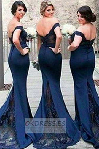 Vestido de dama de honor sexy Encaje Manga corta Natural Cremallera Escote con Hombros caídos 2