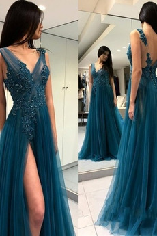 Vestido de fiesta Espalda Descubierta Falta Sin mangas Apliques Elegante