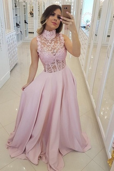 Vestido de fiesta Sin mangas Escote con cuello Alto Corte-A Apliques