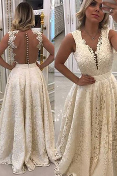 Vestido de fiesta vendimia Botón Pura espalda Escote en V Capa de encaje