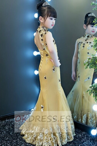 Vestido de flores niña Falta Cordón Corte Sirena Apliques Escote con cuello Alto 3