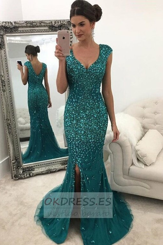 Vestido de noche Corte Sirena Sin mangas tul Corpiño Acentuado con Perla 1