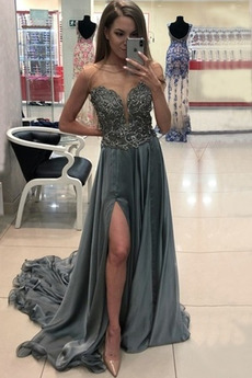 Vestido de noche Gasa Elegante Sin mangas Abalorio Escote con Hombros caídos