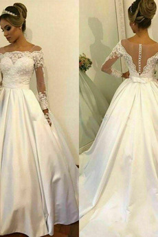 Vestido de novia 2019 Cola Corte Natural Encaje Escote con Hombros caídos