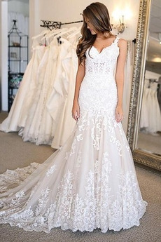 Vestido de novia 2019 Triángulo Invertido Escote en V Apliques Sin mangas