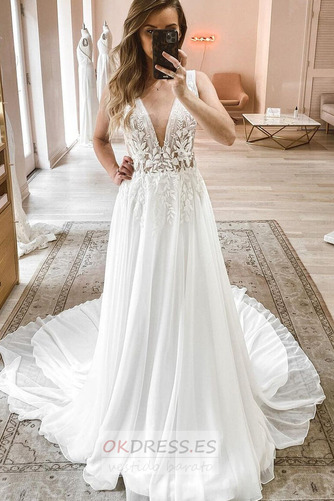 Vestido de novia Apliques Baja escote en V Gasa Elegante Fuera de casa 1