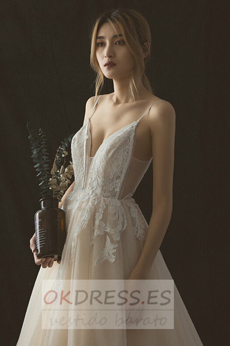 Vestido de novia Apliques Pera Escote de Tirantes Espaguetis Sin mangas 5