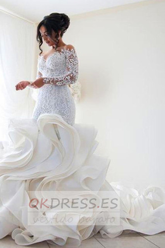 Vestido de novia Apliques Pomposo Capa Multi Escote en V Natural Pura espalda 1