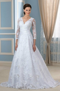 Vestido de novia Apliques Pura espalda Capa de encaje Escote en V Moderno