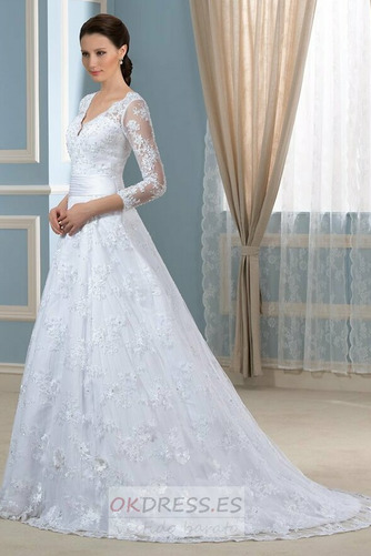 Vestido de novia Apliques Pura espalda Capa de encaje Escote en V Moderno 3