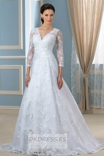 Vestido de novia Apliques Pura espalda Capa de encaje Escote en V Moderno 1