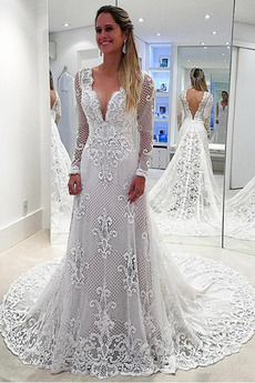 Vestido de novia Apliques Sala Manga larga Escote en V Moderno Triángulo Invertido