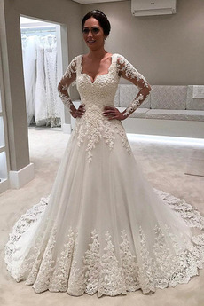 Vestido de novia Apliques vendimia Baja escote en V Escote en V Manga larga