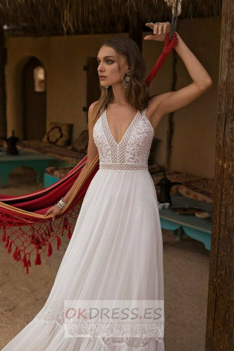 Vestido de novia Baja escote en V Pera Escote en V Natural Encaje Moderno 3