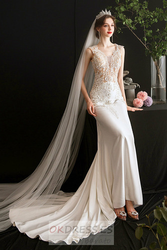 Vestido de novia Cola Capilla Corte Sirena Natural Elegante Escote en V 1