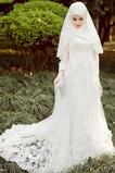 Vestido de novia Corte-A Alto cubierto Con velo largo Encaje Escote con cuello Alto