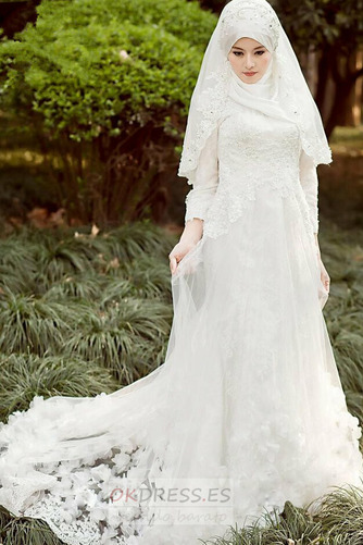 Vestido de novia Corte-A Alto cubierto Con velo largo Encaje Escote con cuello Alto 1