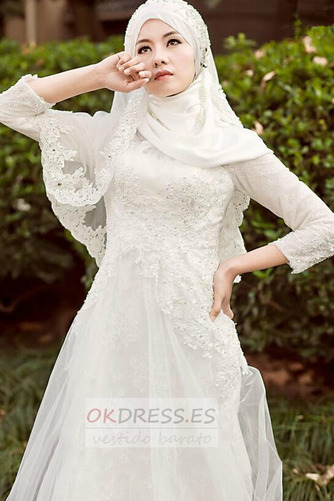 Vestido de novia Corte-A Alto cubierto Con velo largo Encaje Escote con cuello Alto 3