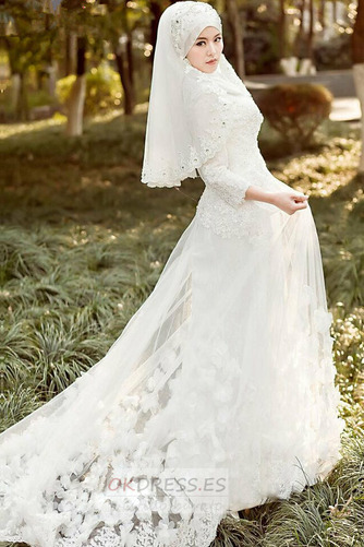 Vestido de novia Corte-A Alto cubierto Con velo largo Encaje Escote con cuello Alto 2