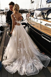 Vestido de novia Corte-A Apliques largo Elegante Natural Escote en V