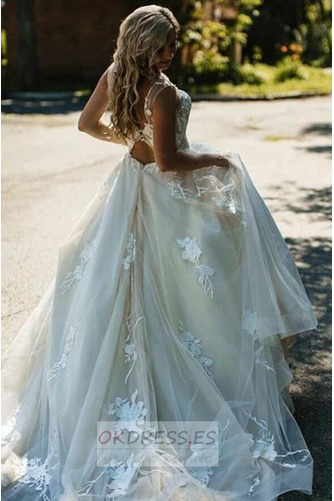 Vestido de novia Corte-A Apliques largo Elegante Natural Escote en V 2