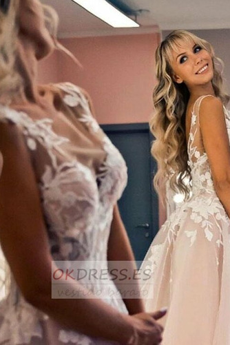 Vestido de novia Corte-A Apliques largo Elegante Natural Escote en V 3