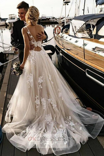 Vestido de novia Corte-A Apliques largo Elegante Natural Escote en V 1