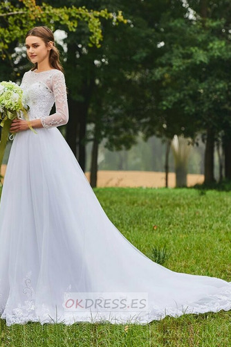 Vestido de novia Corte-A Drapeado Mangas Illusion Pura espalda Barco 2