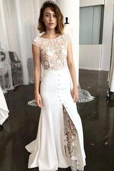 Vestido de novia Corte-A Encaje Natural Hasta el suelo Botón Triángulo Invertido