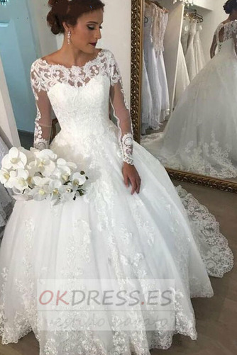 Vestido de novia Corte-A Espalda con ojo de cerradura Encaje Manga larga 1