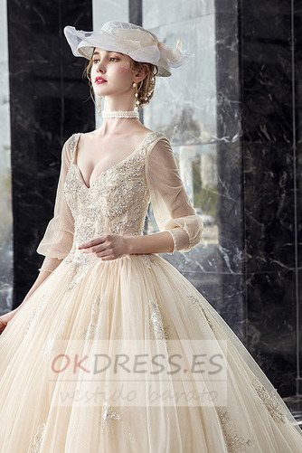 Vestido de novia Corte-A Formal Cordón Capa de encaje Baja escote en V 4