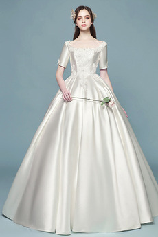 Vestido de novia Corte-A Hasta el suelo Satén Natural Cordón Escote Cuadrado