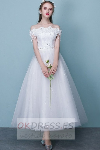 Vestido de novia Corte-A Hasta la Tibia Natural Cordón Abalorio Manga corta 2