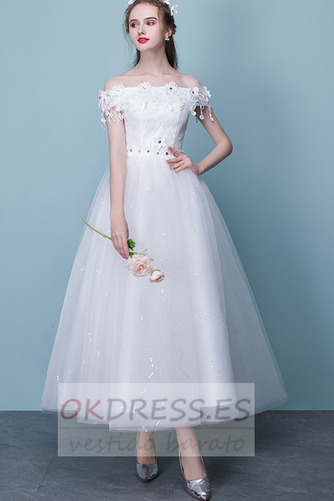 Vestido de novia Corte-A Hasta la Tibia Natural Cordón Abalorio Manga corta 1