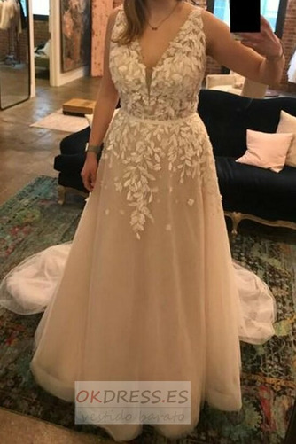 Vestido de novia Corte-A Natural Escote en V Cola Barriba Sin mangas 1