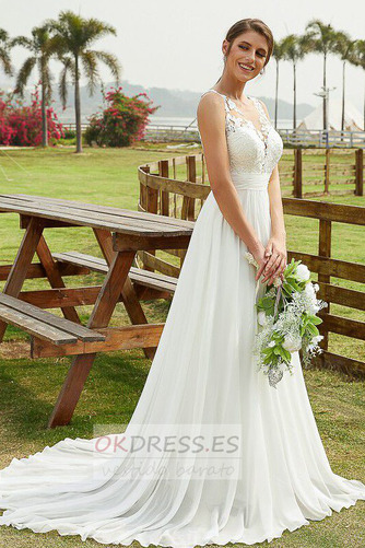 Vestido de novia Corte-A Otoño Joya Sin mangas Baja escote en V Drapeado 3