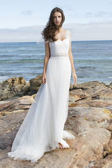 Vestido de novia Corte-A Playa largo Manga corta Cinturón de cuentas