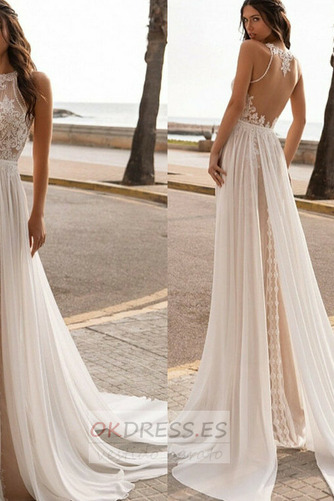 Vestido de novia Corte-A Playa Sin mangas Moderno Joya Cola Barriba 4