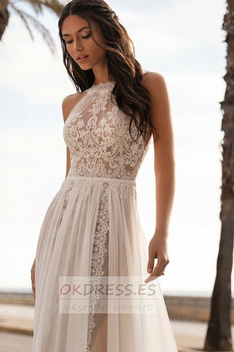 Vestido de novia Corte-A Playa Sin mangas Moderno Joya Cola Barriba 3