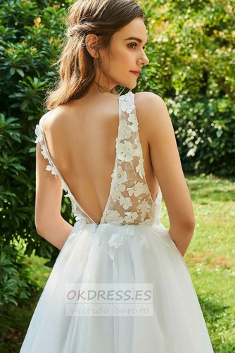 Vestido de novia Corte-A Satén Natural Flores Rosetón Acentuado Escote en V 5