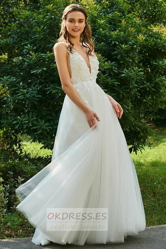 Vestido de novia Corte-A Satén Natural Flores Rosetón Acentuado Escote en V 3