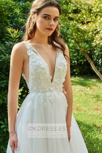 Vestido de novia Corte-A Satén Natural Flores Rosetón Acentuado Escote en V 4