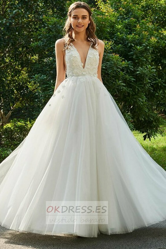 Vestido de novia Corte-A Satén Natural Flores Rosetón Acentuado Escote en V 1