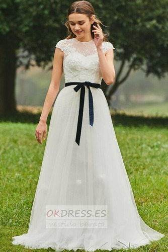 Vestido de novia Corte-A Sencillo Rectángulo Lazos tul Natural 1