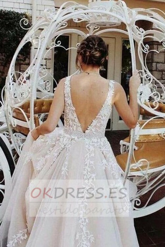 Vestido de novia Corte-A tul largo Corpiño Acentuado con Perla Escote en V 2
