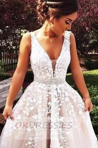 Vestido de novia Corte-A tul largo Corpiño Acentuado con Perla Escote en V 6