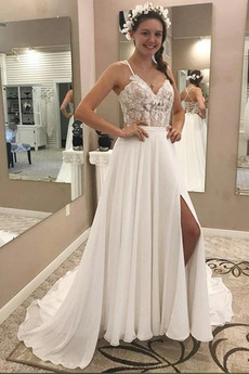 Vestido de novia Corte-A Verano Cola Barriba Escote de Tirantes Espaguetis