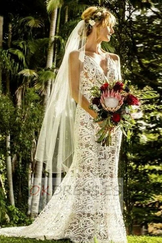 Vestido de novia Corte Recto Encaje Natural Baja escote en V Escote en V 3