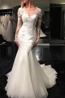 Vestido de novia Corte Sirena Cola Corte Escote en V tul Pura espalda